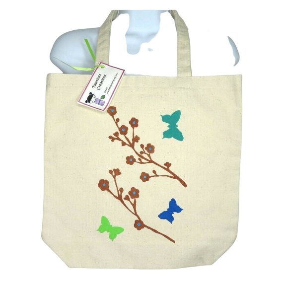 New Old Stock Hand Painted Beige Canvas Tote Shoulder Bag Shipping Bag 13 x 13 - Picture 2 of 6